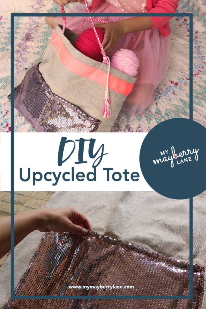 Bag with a glitter pocket with title DIY Upcycled Tote